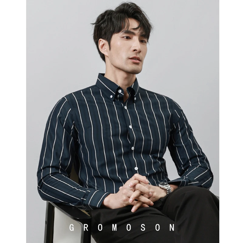 意式商务尖领扣领条纹衬衫男士休闲百搭职场上班绅装免烫衬衣长袖