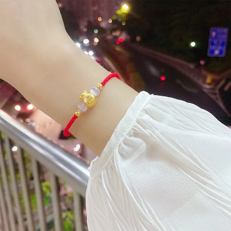 999足金小福袋手链女黄金转运珠本命年礼物红绳小金珠宝宝手绳编