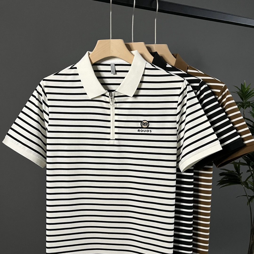宽松拉链条纹高档时尚透气薄款夏季百搭休闲POLO衫翻领男士短袖T