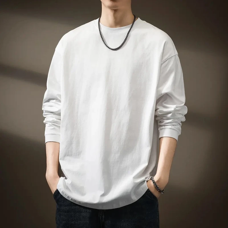 高端白色纯棉长袖t恤男宽松潮牌2024秋季新款圆领大码全棉打底衫