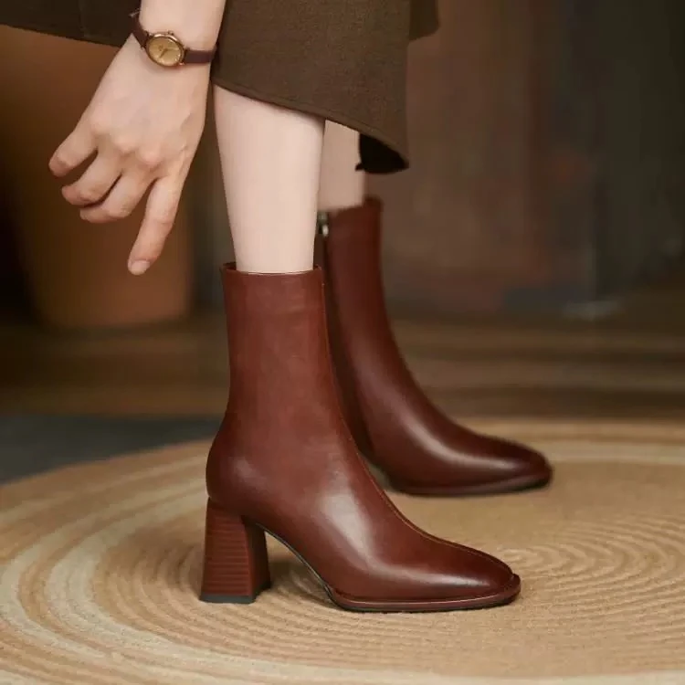 方头粗跟短靴真皮女靴2025秋冬新款单靴马丁靴高跟切尔西靴瘦瘦靴