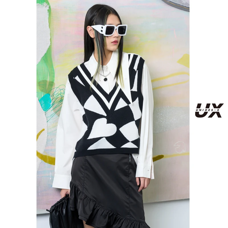 UX新款女装拼接两件套格纹衬衫女时尚流行气质高级