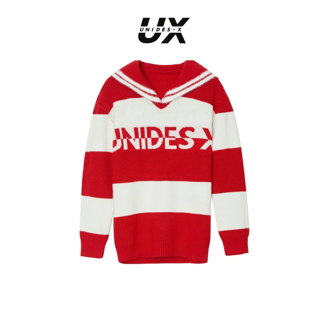 UX冬新款红白条纹海军领套头毛衣长袖针织衫