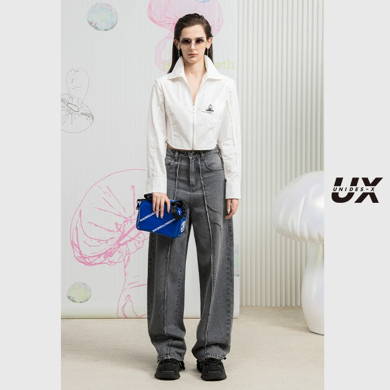 UX 2025春秋新款灰色宽松毛边香蕉裤女 时尚修身百搭休闲牛仔裤yc