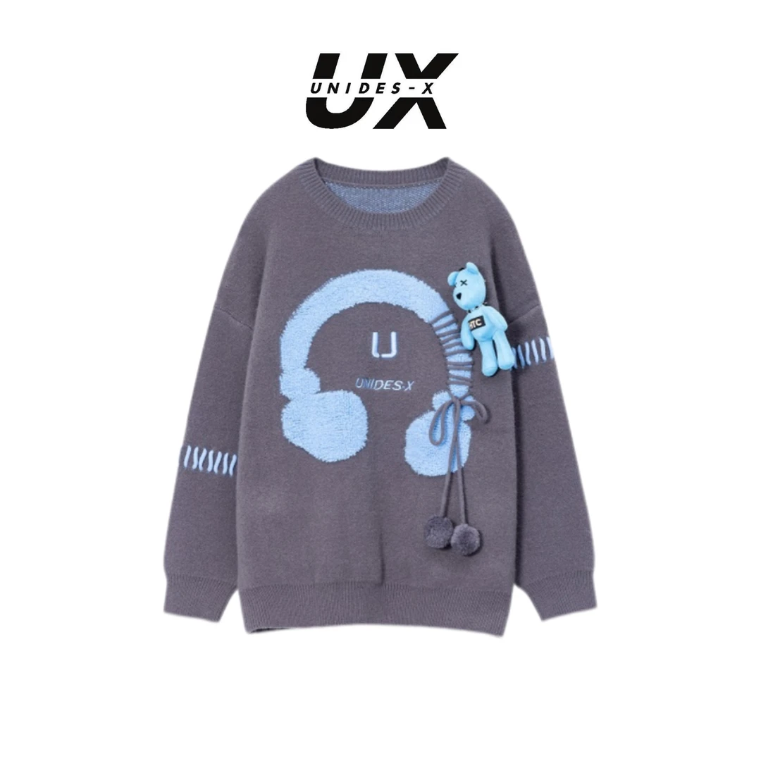 UX设计款耳机提花毛衣针织时尚宽松印花圆领卡通秋冬套头