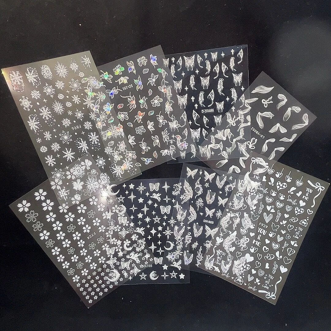 16张纯白色美甲贴纸银色独角兽蝴蝶心可爱装饰品贴花超薄神器