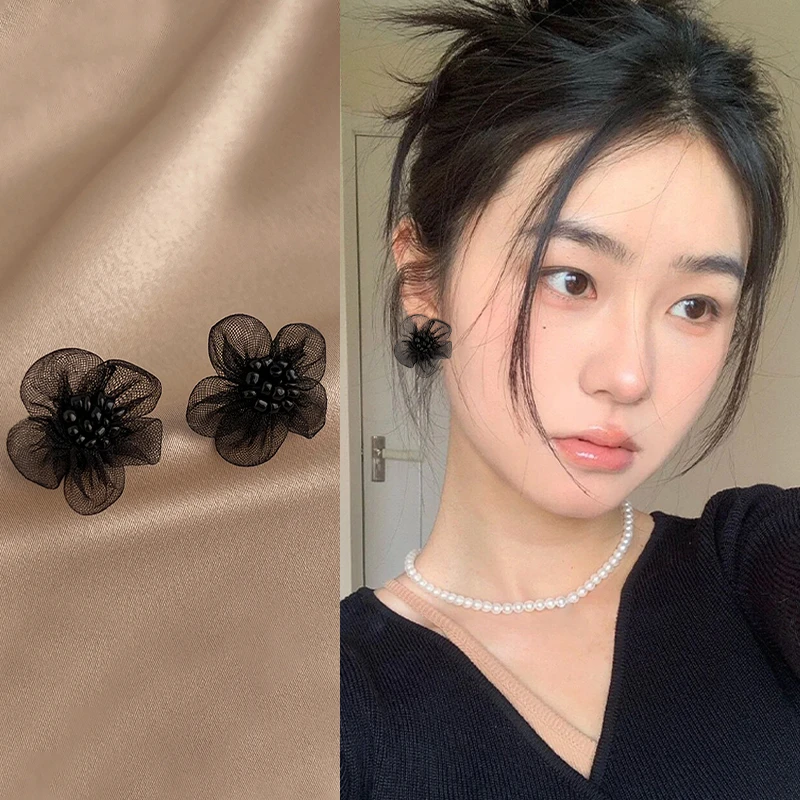 铜合金耳饰 黑色花朵耳环小众设计感耳钉女高级网红冷淡ins风耳饰