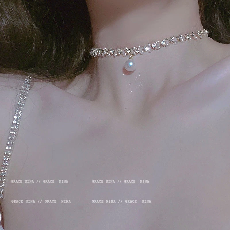 铜合金项链 轻奢超闪珠珠项链女小众设计锁骨链高级颈链