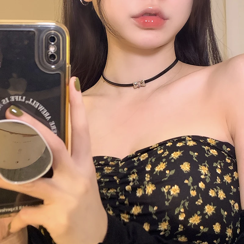 钛钢皮质项链 黑色蝴蝶结choker锁骨链女夏高级感脖颈链轻奢项链