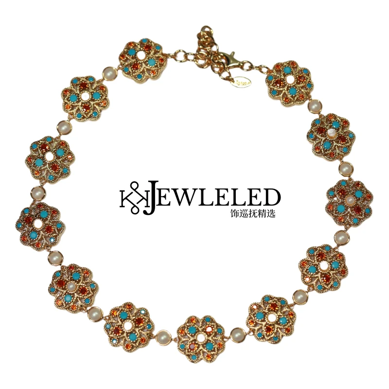 铜合金仿珍珠项链 手工蓝色复古彩色多色镶嵌炫彩坠链渐变素款xp