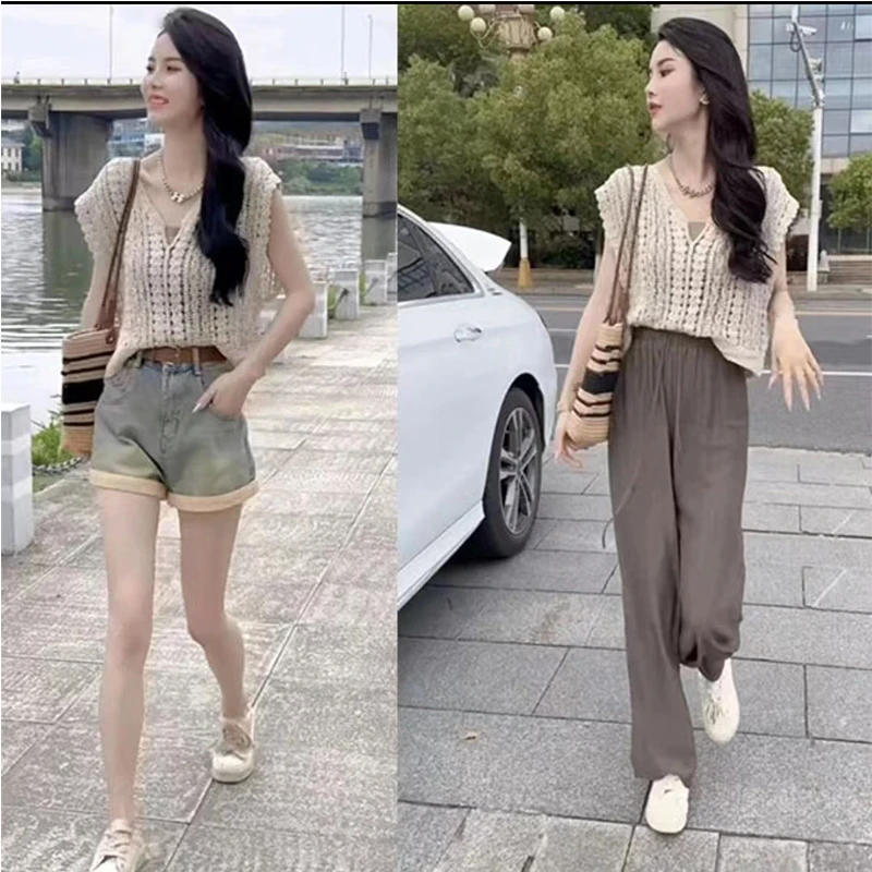 夏季新款美式复古翻边撞色时尚休闲短裤+镂空钩花小v领编织上衣