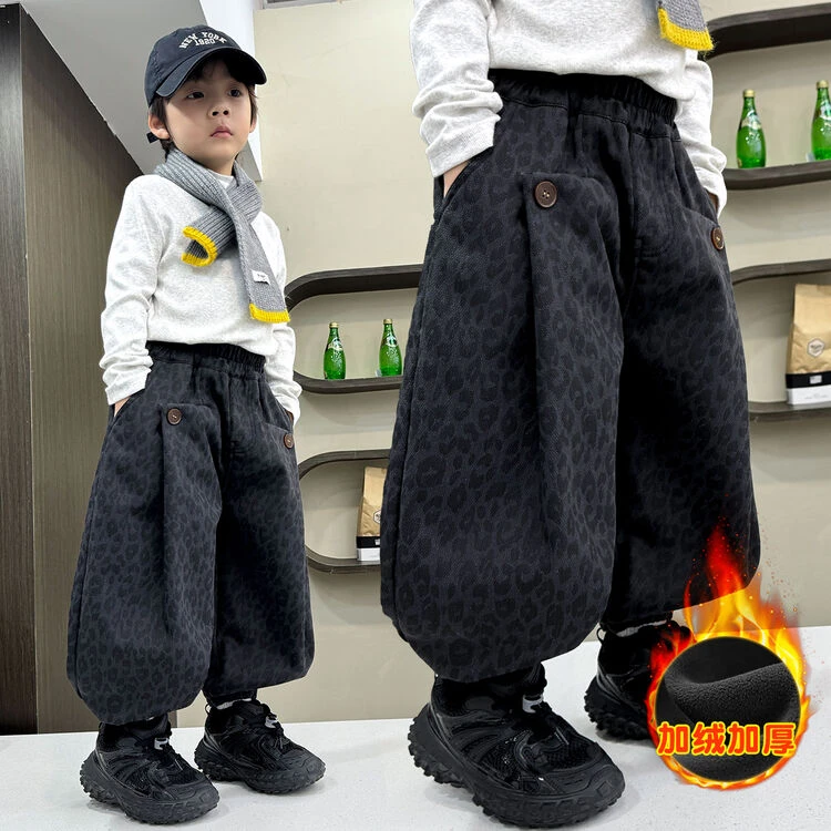儿童加绒裤子2025新款男童女童冬装加绒加厚时尚豹纹洋气秋冬绒裤