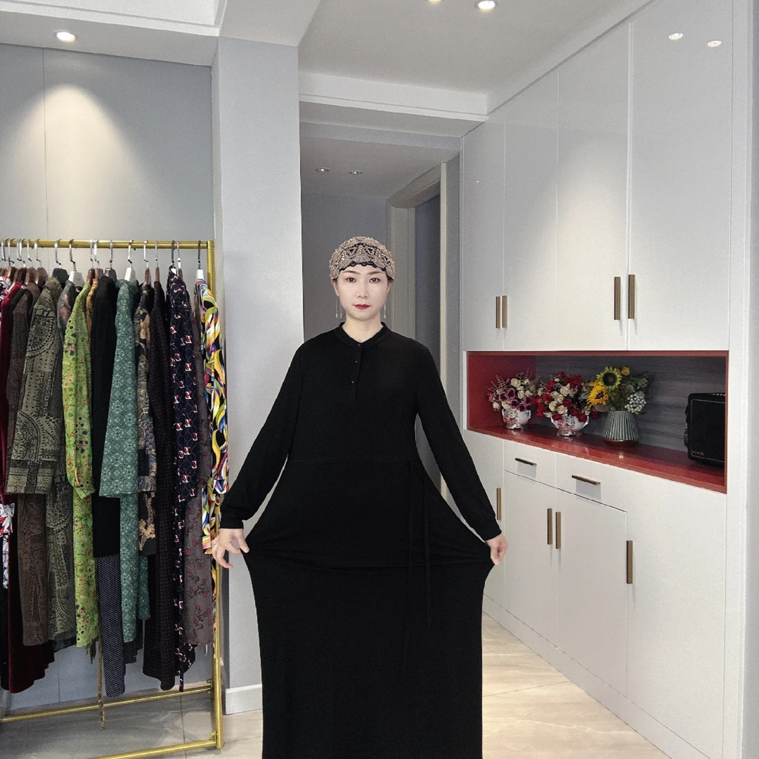 纯黑色莫代尔棉妈妈长裙