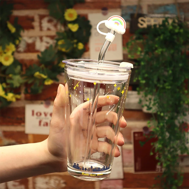 喝水杯吸管玻璃杯家用杯子带玻璃吸管奶茶杯牛奶带盖刻度果汁水杯
