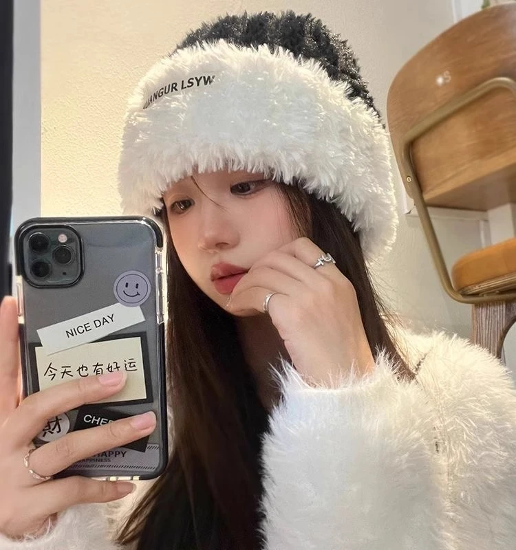 帽子假发女2023温柔甜美拼色毛绒帽百搭长直发时尚保暖自然全头套