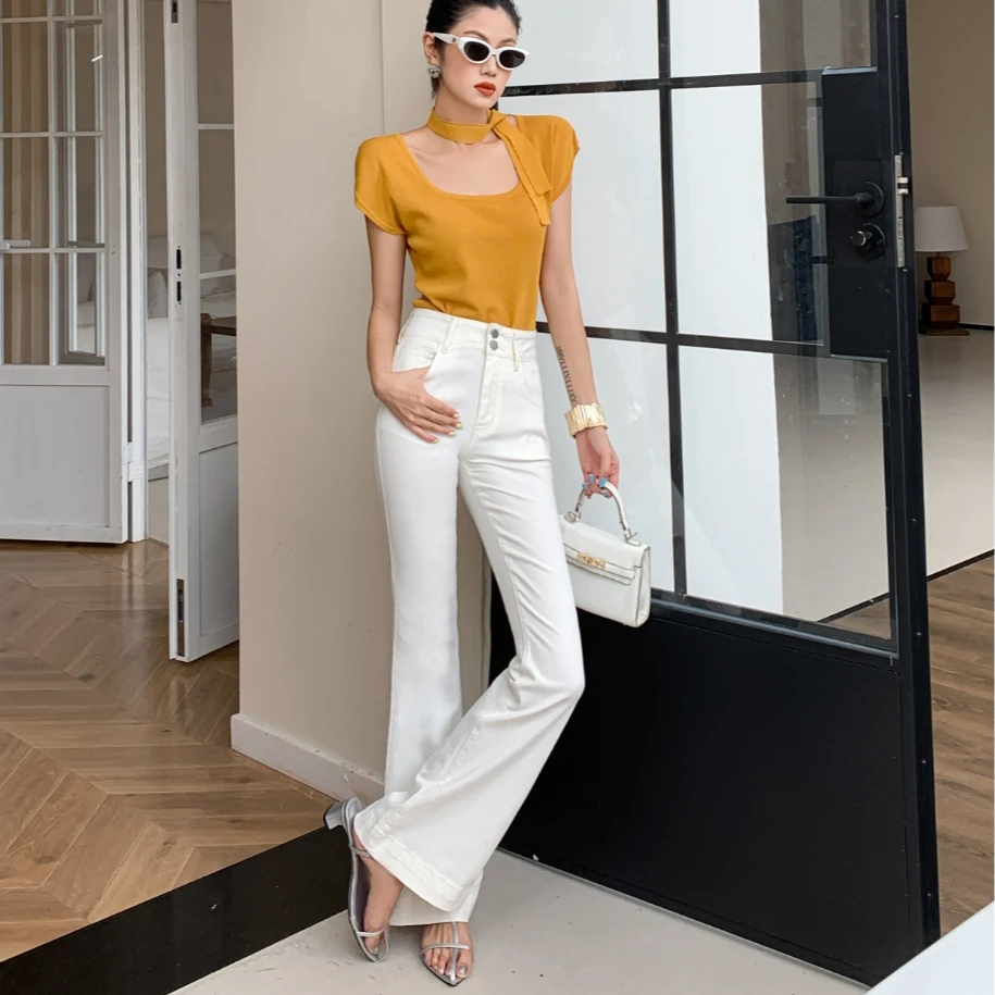 Annlobay13HX22672时尚女人显瘦喇叭面膜裤修身高腰夏季薄款