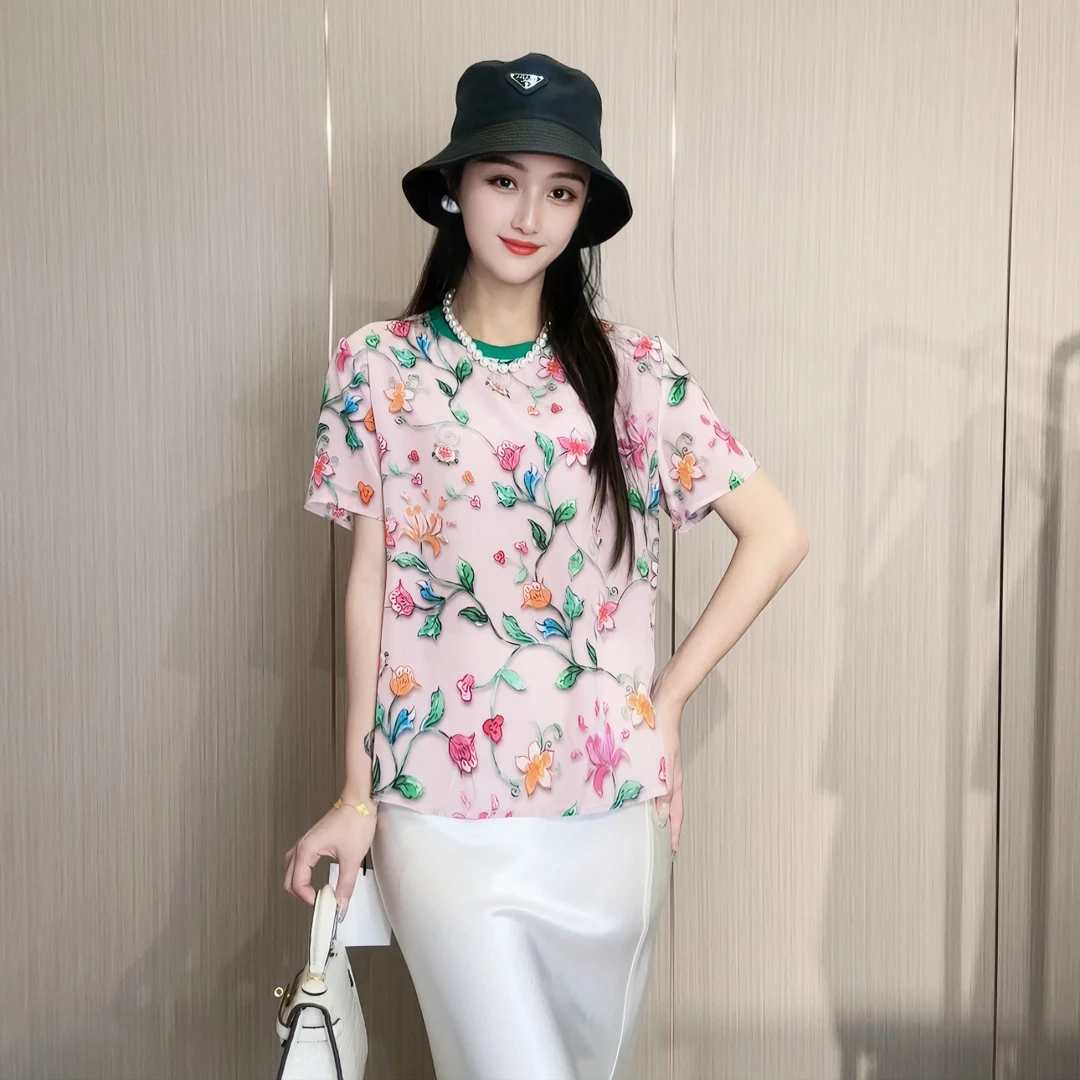 100桑蚕丝真丝双绉春暖花开全真丝女士短袖T001