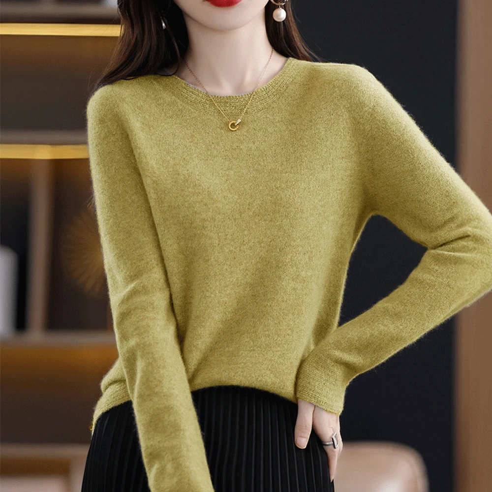 【一线成衣】100纯羊毛姜黄色圆领宽松打底衫纯羊毛衣针织衫YR001