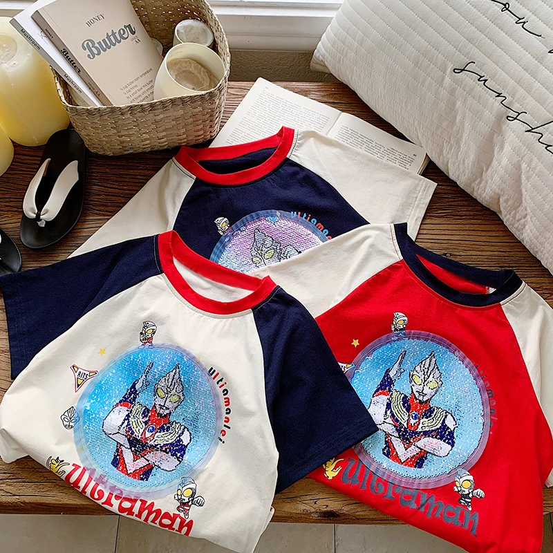 儿童纯棉半袖T恤男童奥特曼卡通亮片夏季宽松帅气小童短袖上衣潮