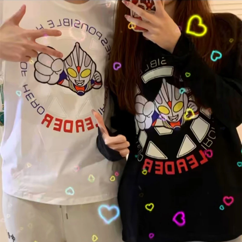 亲子装成人儿童发光短袖男女迪迦奥特曼一家三口纯棉印花上衣夏装