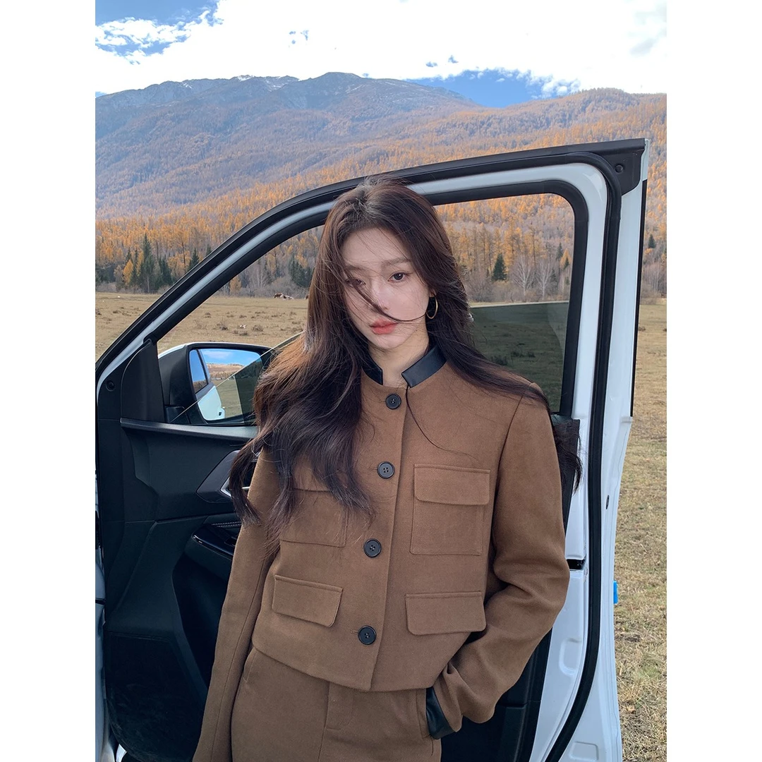 安酒月【金色海岸】秋冬精致立领毛呢外套女A字半身裙套装AJ4ISZ10