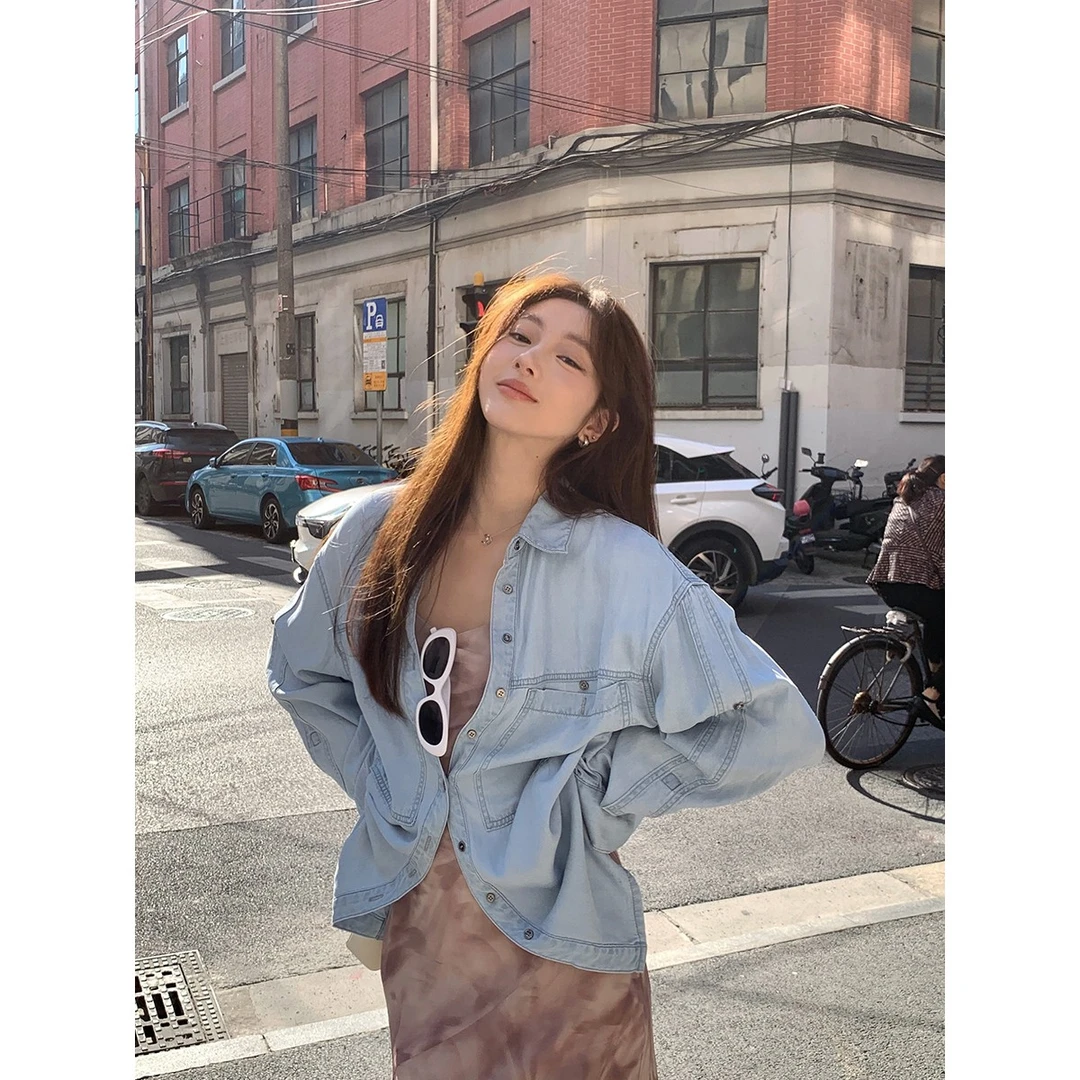 安酒月【假日明信片】100天丝牛仔衬衫女法式小众设计AJ4CNC10-00