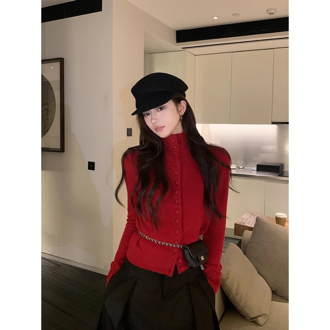 安酒月【冬日马卡龙】100绵羊毛经典高领纯色针织开衫女AJ4JZS12