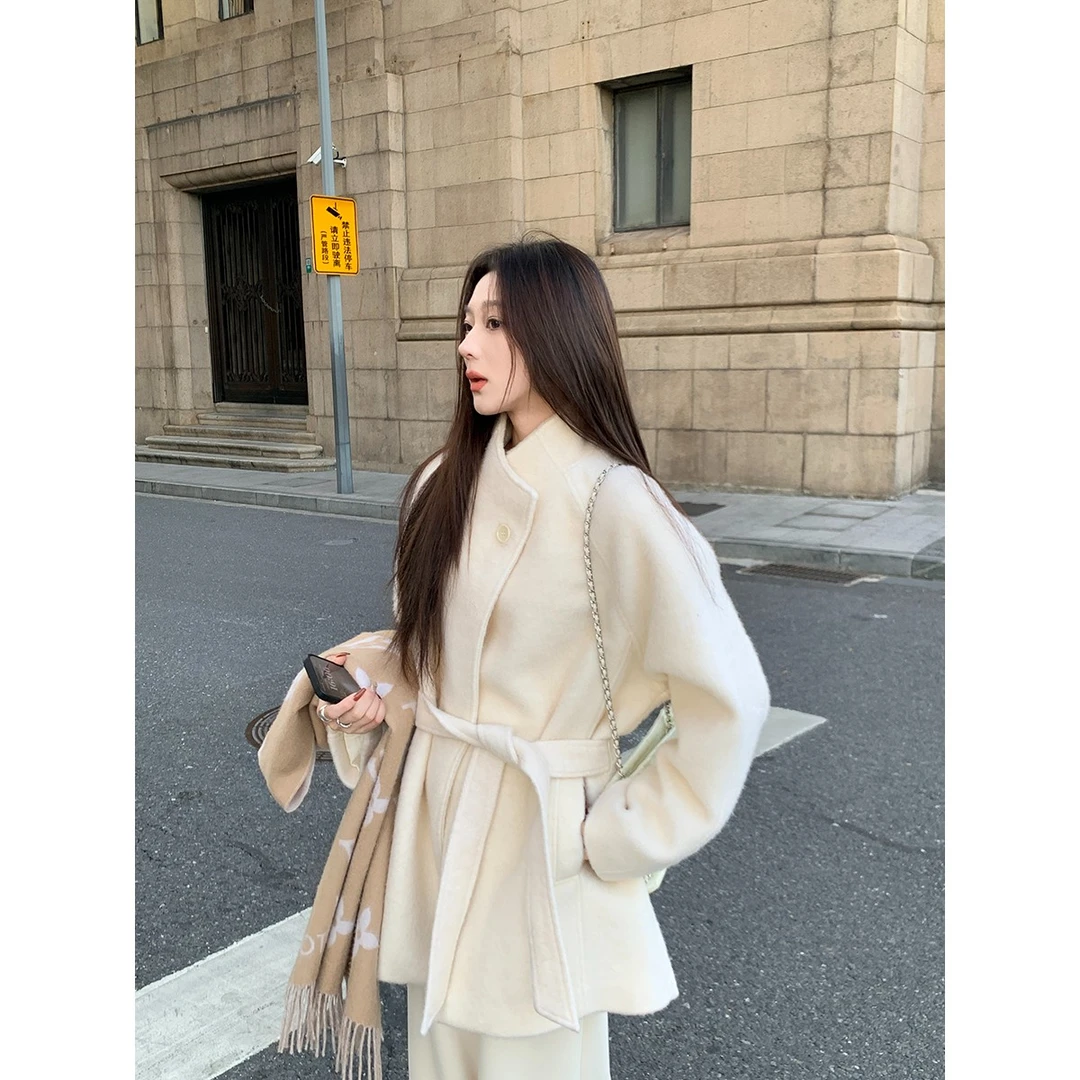 安酒月【未尽之语】韩系气质系带短款呢子百搭极简外套AJ4KMF10
