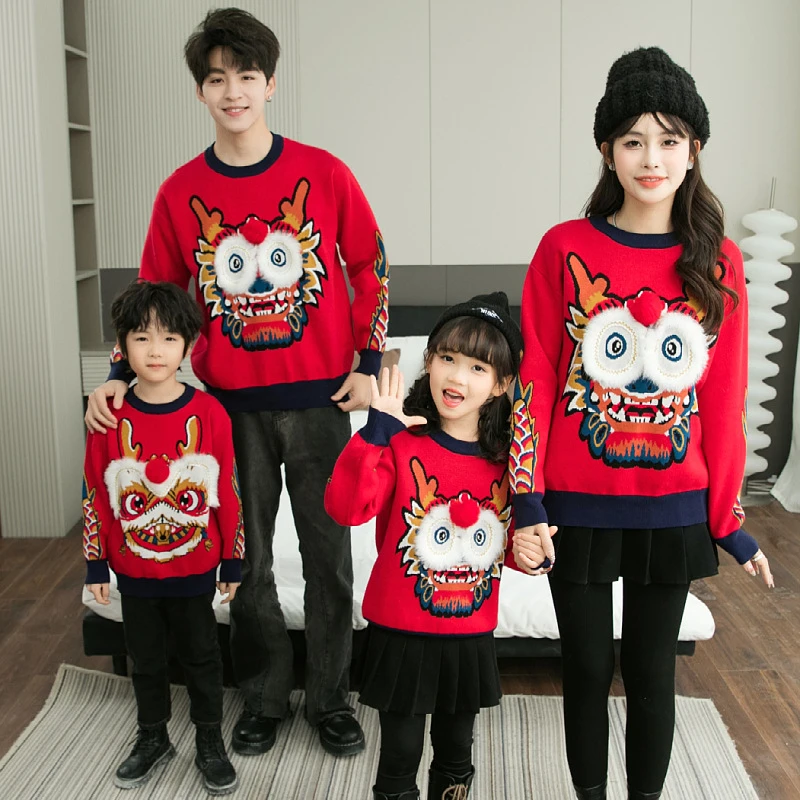喜庆红色亲子装毛衣韩版长袖卡通童装圆领套头亲子