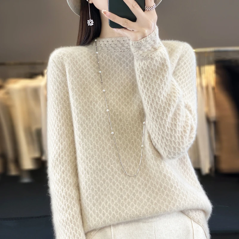 【100%纯羊毛 】~重工镂空钩花半高长袖针织衫毛衣宽松打底衫306