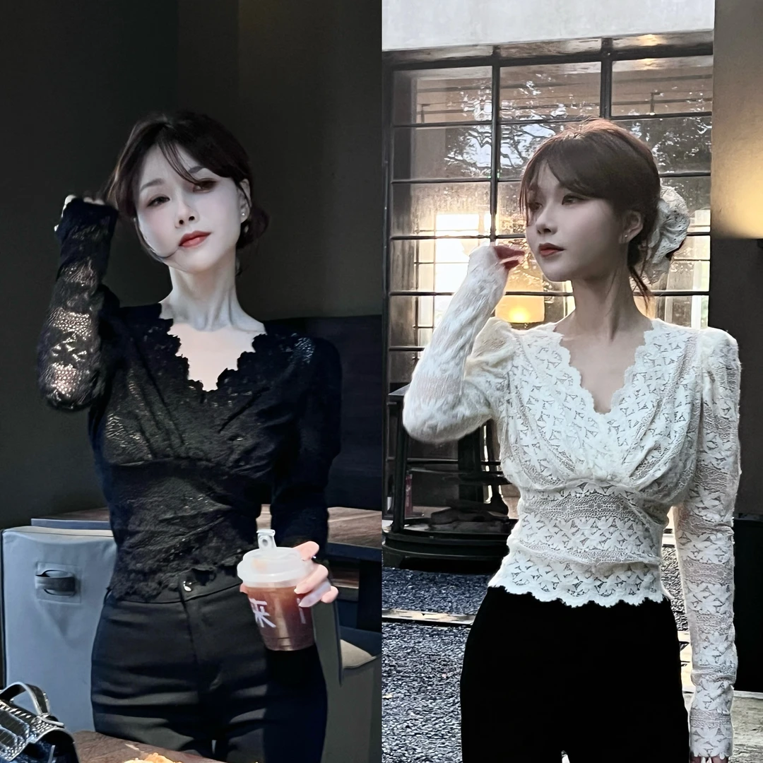 《现货特价》辣妹性感微透蕾丝V领长袖（衣长49）（#8300）镂空时尚显瘦