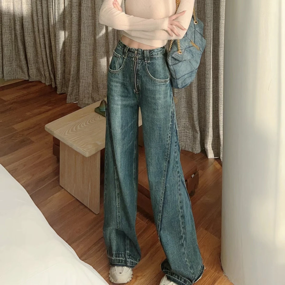 《现货特价》卡卡摩登复古拉链牛仔阔腿裤（K362#)微胖女生裤子显瘦