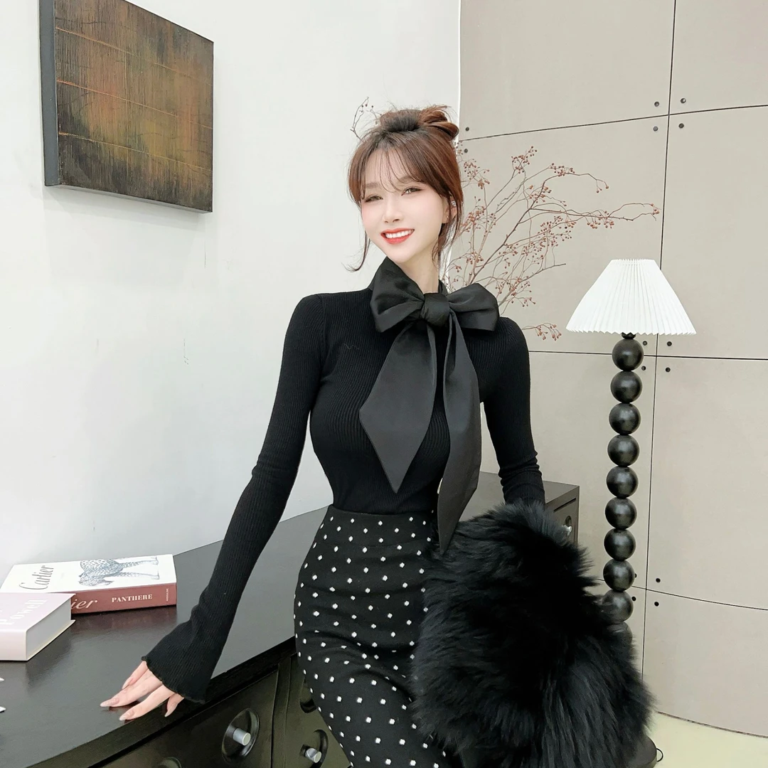 《雅致贵柔》设计感法式飘带针织打底衫 （衣长52）（#8380）显瘦时尚