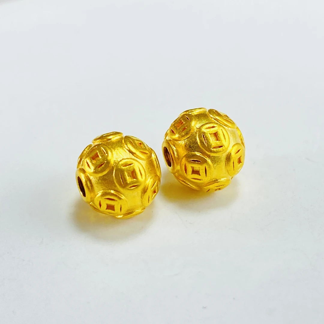 足金999 黄金铜钱珠 一对 约卡8mm