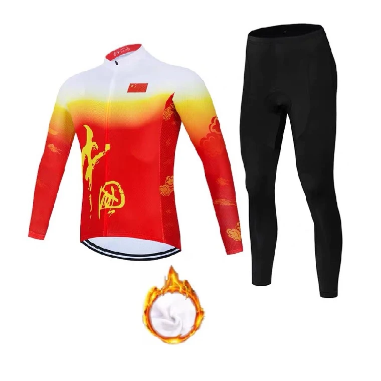 中国龙中国红五星红旗山地自行单车长袖骑行服单车服骑行衣服厚款
