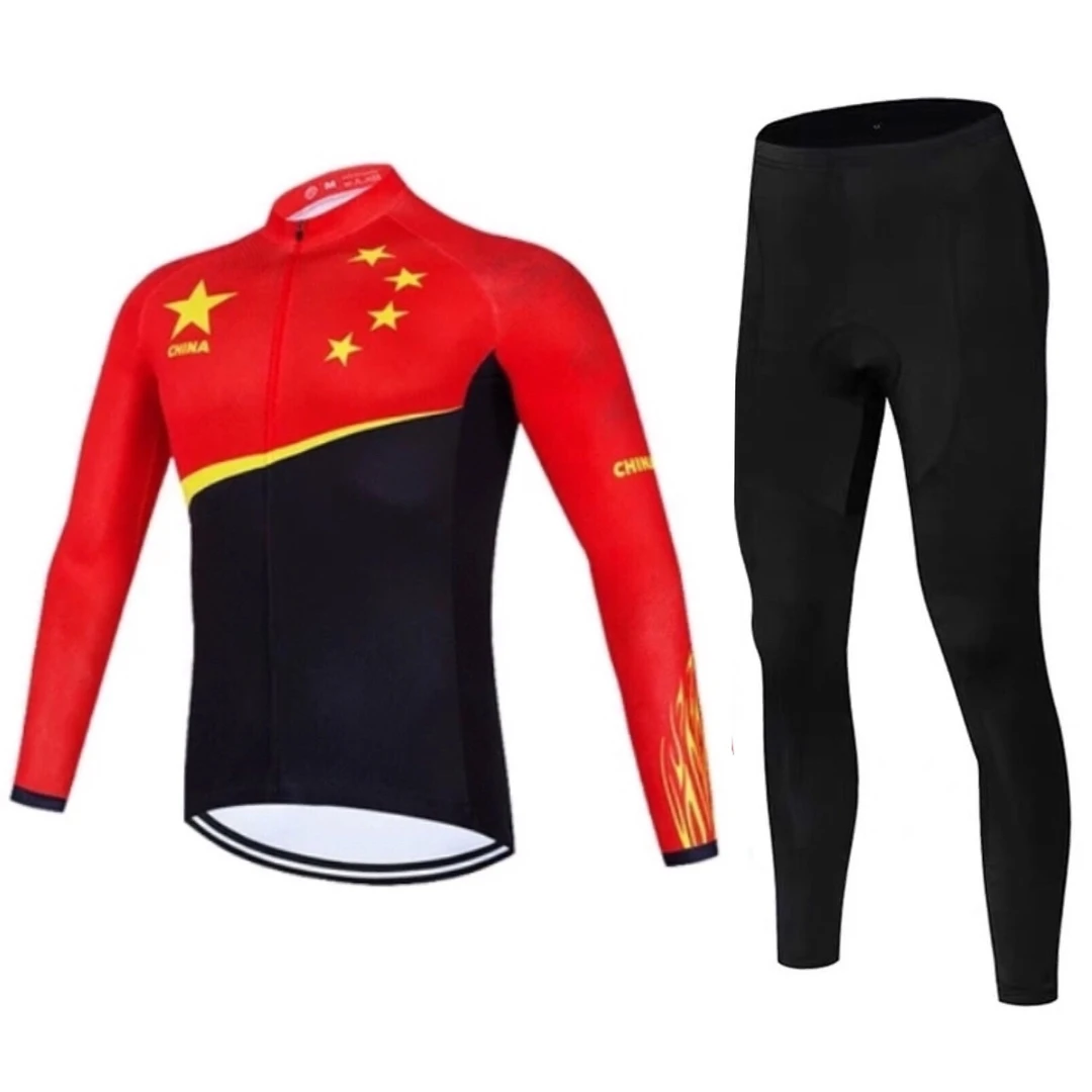 中国红五星红旗山地自行单车长袖骑行服透气单车服骑行上衣骑行裤