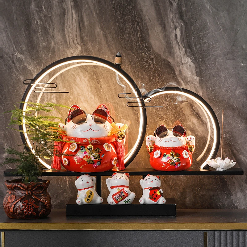 招财猫双灯圈两个招财猫摆件店铺开业创意礼品家居乔迁开业送礼
