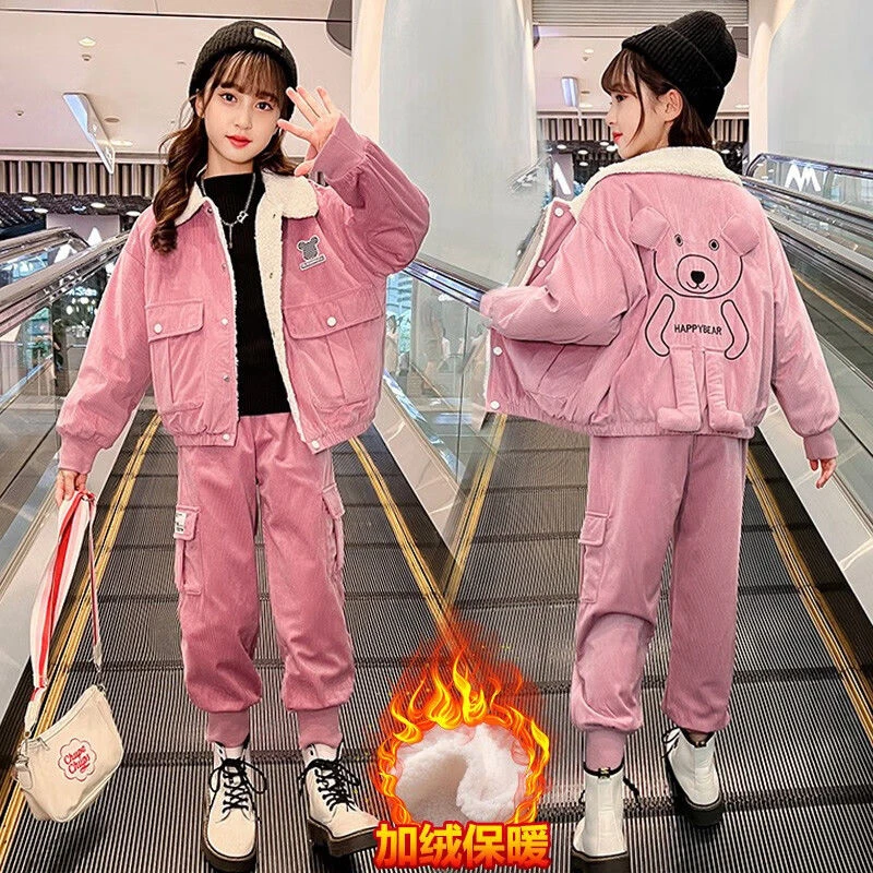 童装女童套装儿童秋冬装加绒加厚灯芯绒外套+裤子女孩衣服两件套