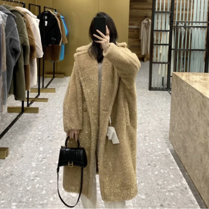 99新 MaxMara 积分-100/小花汤汤/P224934963/金棕色毛绒大衣