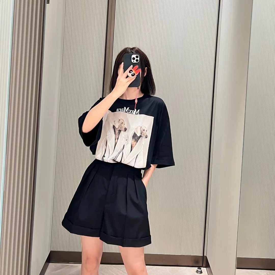 全新未使用 MaxMara TP025051/ 宽松圆领小狗印花短袖T恤