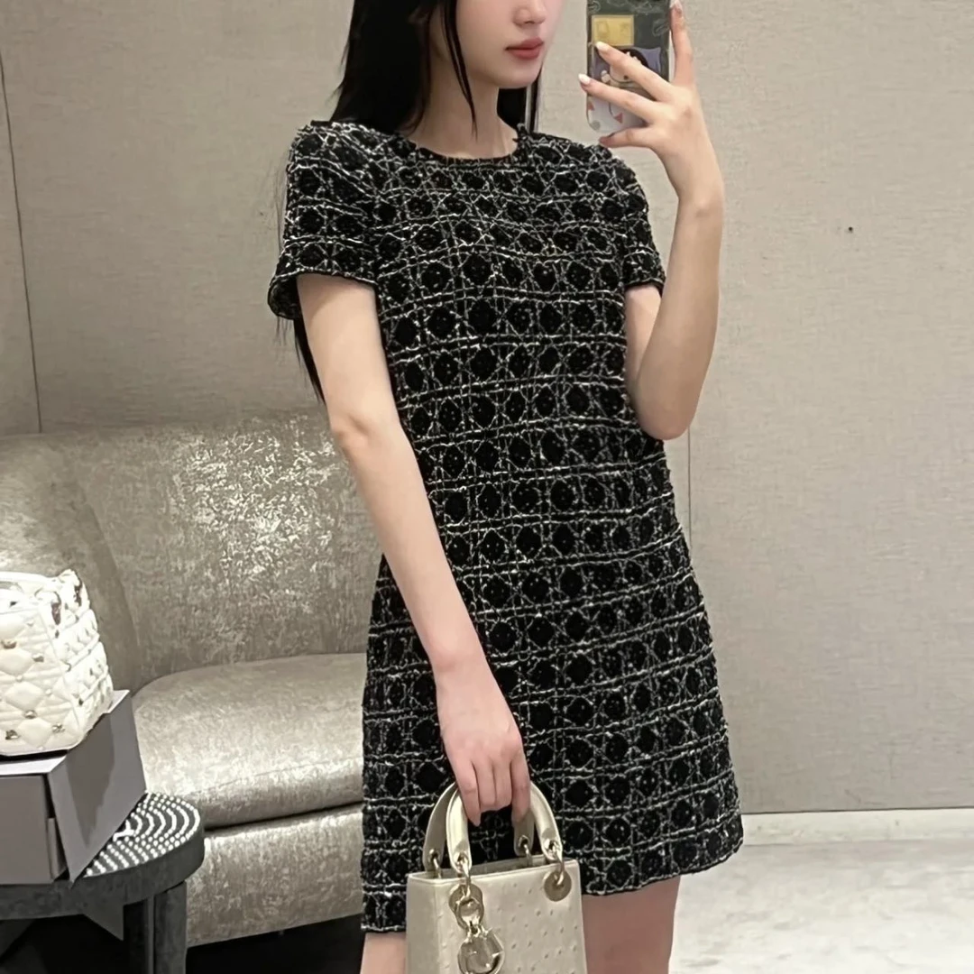 全新未使用 DIOR/迪奥 TP028719/DIOR格纹嵌花圆领短袖连衣裙