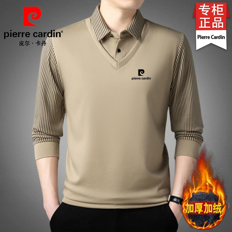 皮尔卡丹秋冬季男士长袖t恤中年加绒加厚假两件保暖桑蚕丝POLO衫