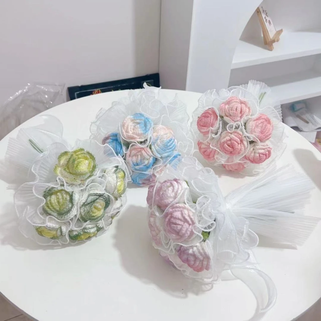 热卖渐变玫瑰永生花成品装饰手工DIY毛线手捧花清新情人节礼物