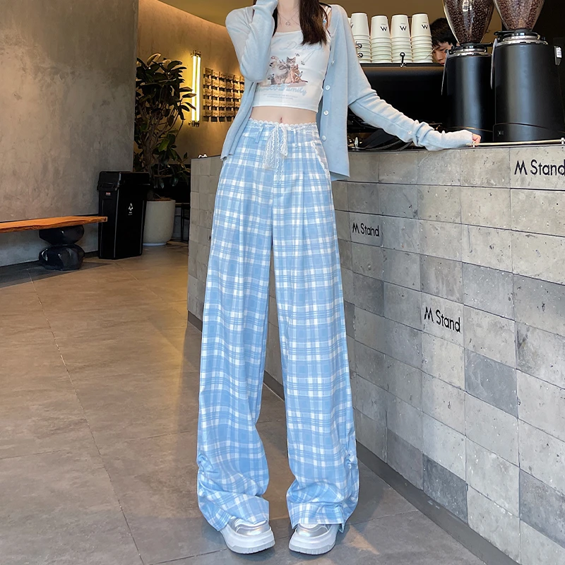 2024早秋蕾丝边刺绣篮格子阔腿裤女宽松垂感休闲裤高腰拖地长裤子