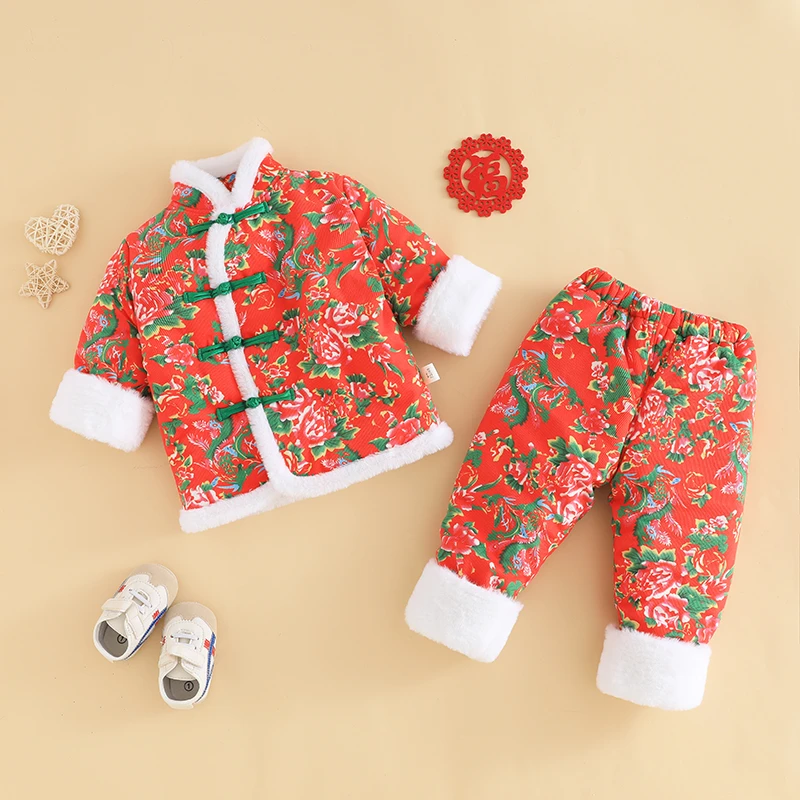 【300克棉花衣】冬季男女宝宝花棉袄套装儿童中国风喜庆拜年服