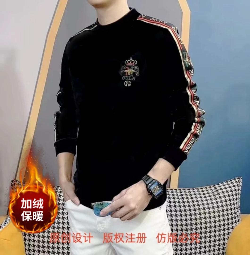 男冬季加绒长袖卫衣2025新款时尚百搭半高领织带上衣休闲潮流8608