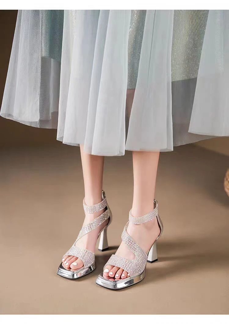 【婷雅】夏季新款方头厚底气质百搭满钻后拉链方根高跟鞋时尚性感