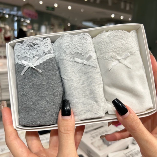 【3条装】123格雷甜美棉质蕾丝内裤女士中腰（80-120斤）