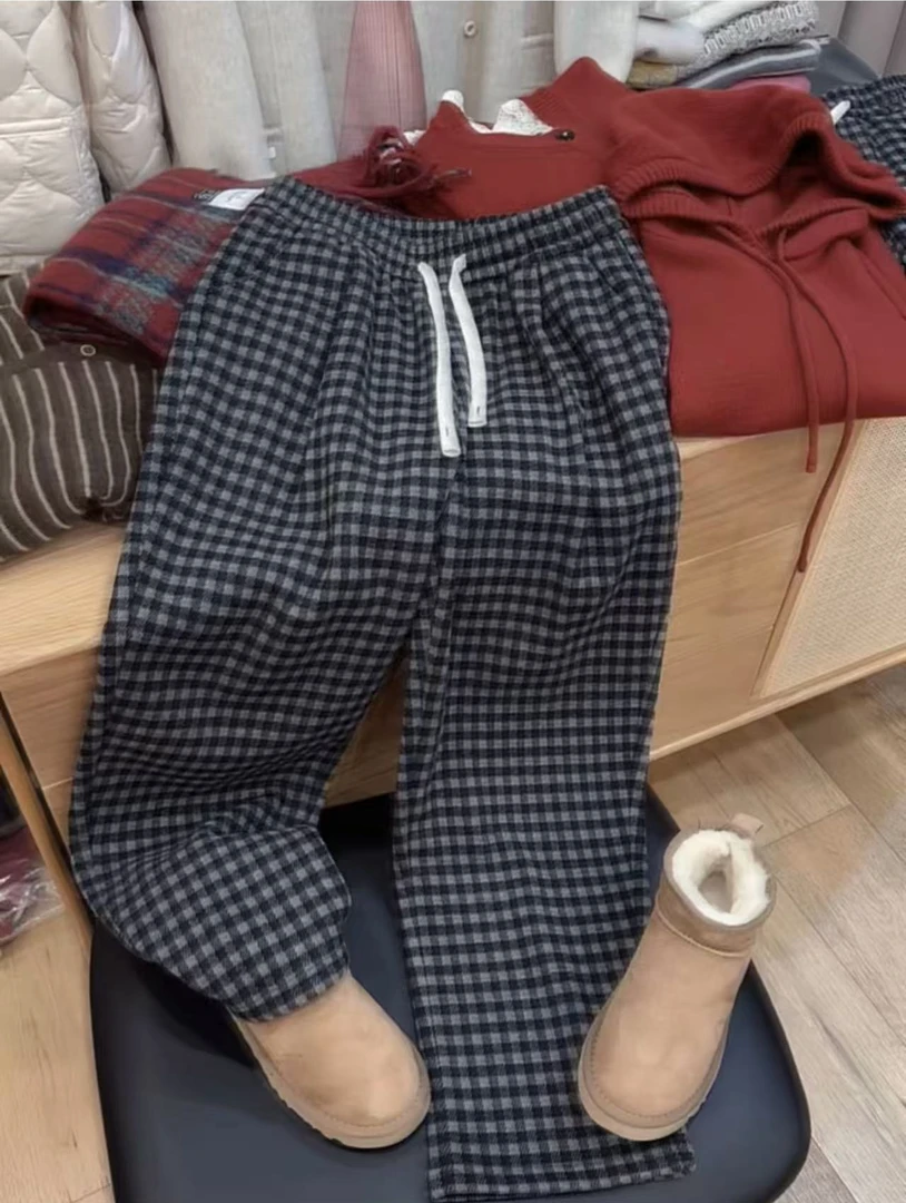 【反季清货6.11】七言家黑灰毛呢小方格真澳绒老爹裤