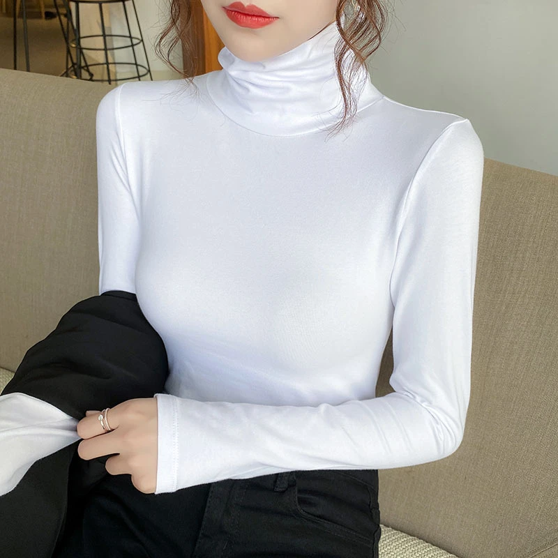 白色高领打底衫女修身上衣百搭显瘦秋冬长袖t恤女堆堆领紧身内搭